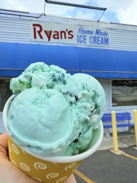 Bright blue cookie ice cream scoops in a polka dot cup