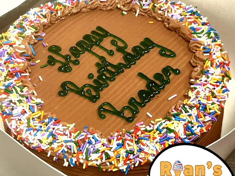 Custom chocolate ice cream cake with sprinkle border, made at Ryan's