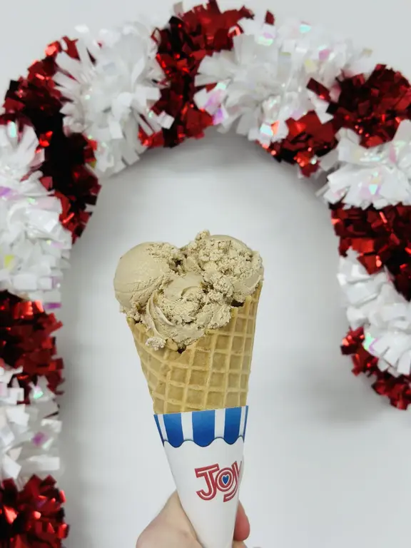 Holiday flavor ice cream cone framed by festive tinsel