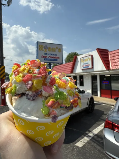 Ice cream sundae with toppings outside Ryan's Homemade Ice Cream in Hazlet NJ