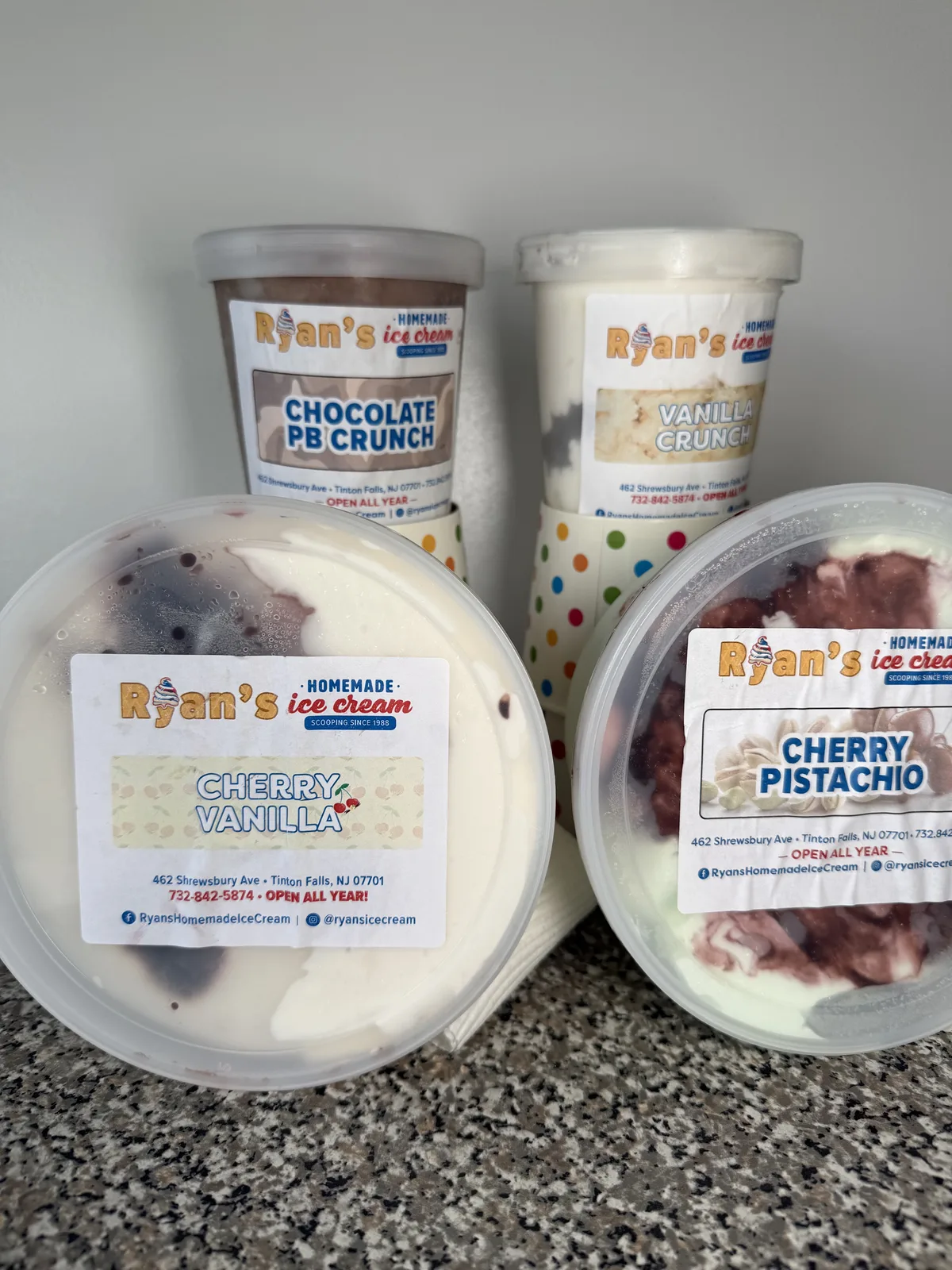 Ryan's homemade ice cream pints and quarts with flavor labels