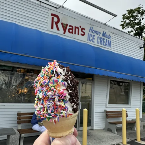 Soft serve cone dipped in chocolate and covered in rainbow sprinkles